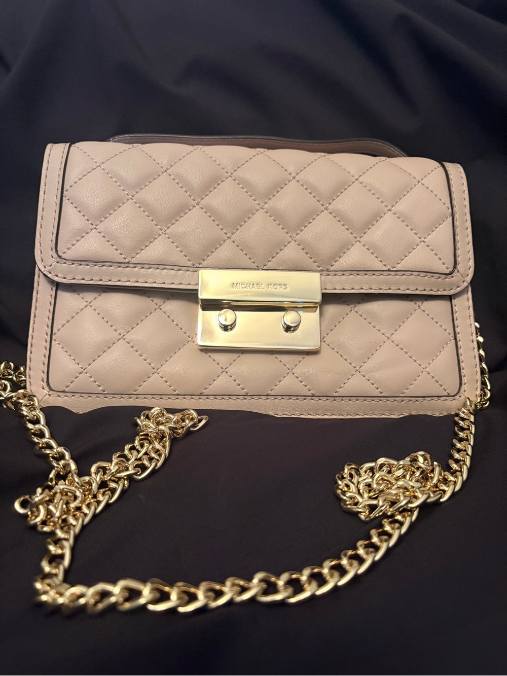 Michael Kors Quilted Leather Wallet on Gold Chain Crossbody Clutch Nude/Beige